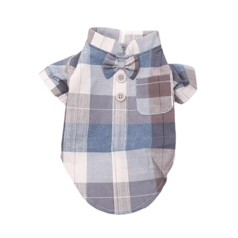 Plaid Bow Tie Stand Collar Shirt for Dogs & Cats, featuring breathable fabric, lightweight feel, and stylish plaid design.