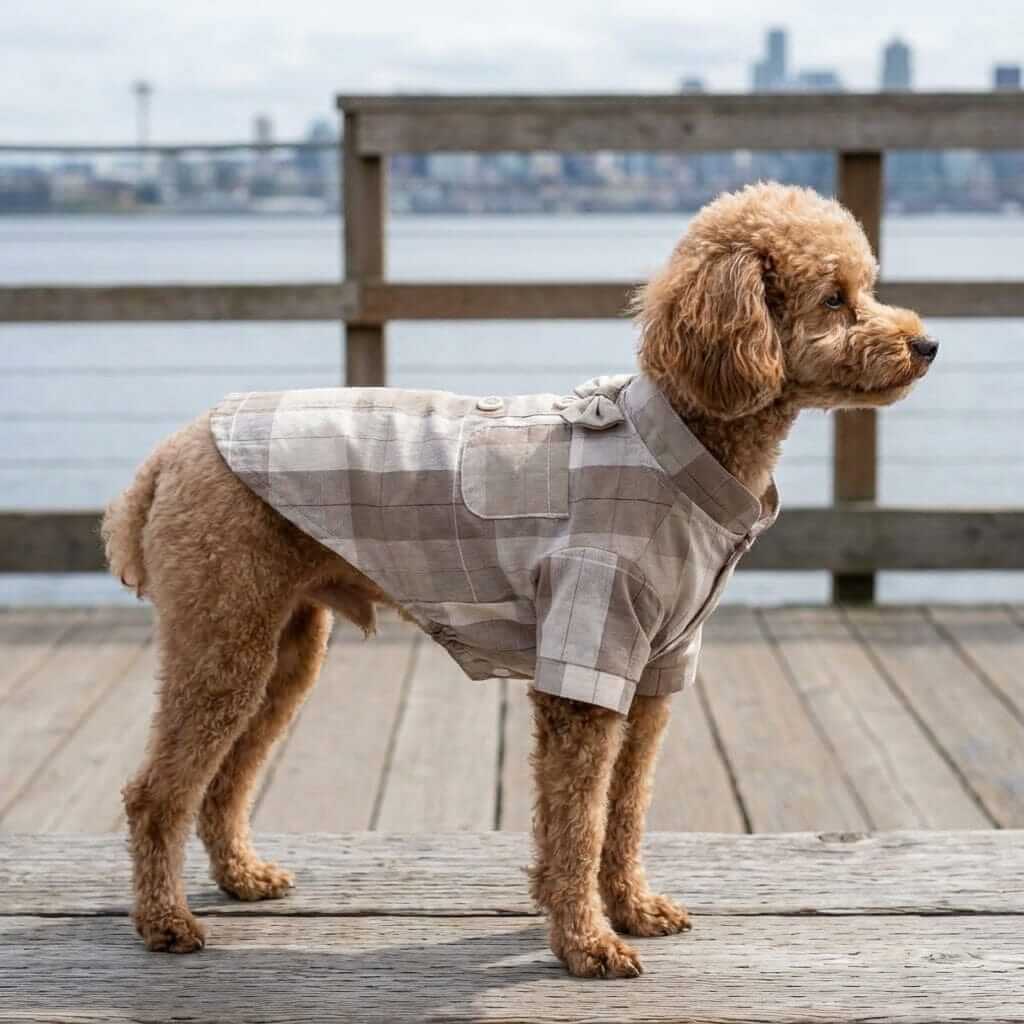 Plaid Bow Tie Stand Collar Shirt for dogs, stylish pet wear with button fasteners and cozy breathable fabric.