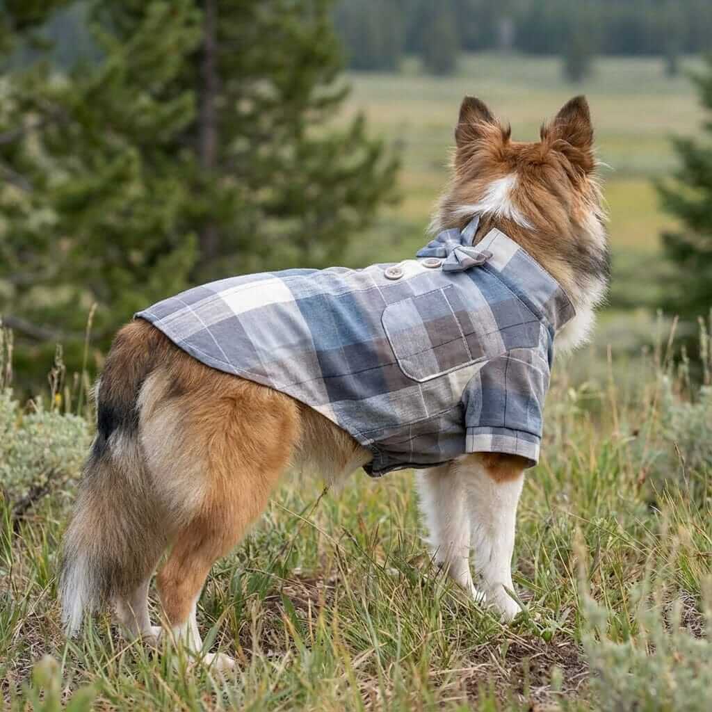 Plaid Bow Tie Stand Collar Shirt on a dog in a natural setting, features breathable design and stylish plaid print.