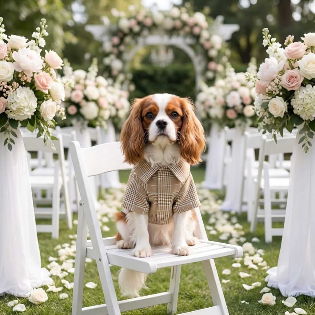 Plaid Bowknot Dog Clothes on a stylish dog at a floral wedding setup, perfect for Dogs & Cats.