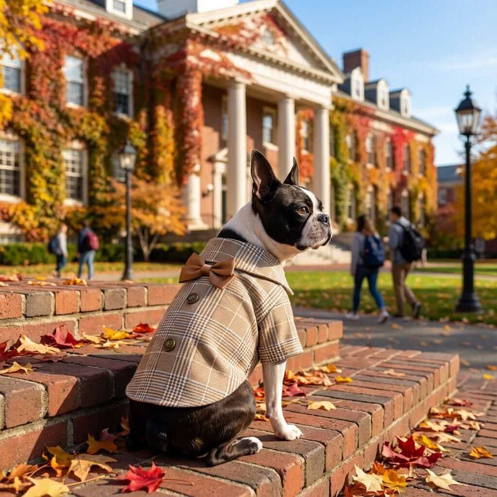 Plaid Bowknot Dog Clothes on a dog sitting on steps, stylish design with bowknot, perfect for dogs and cats by brand.