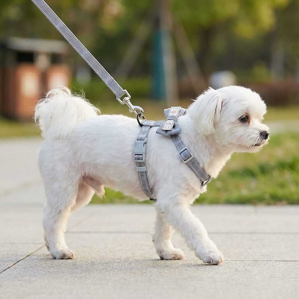Plaid Bowknot Dog Harness on a white dog walking, featuring a step-in design, durable construction, by Dogs & Cats.