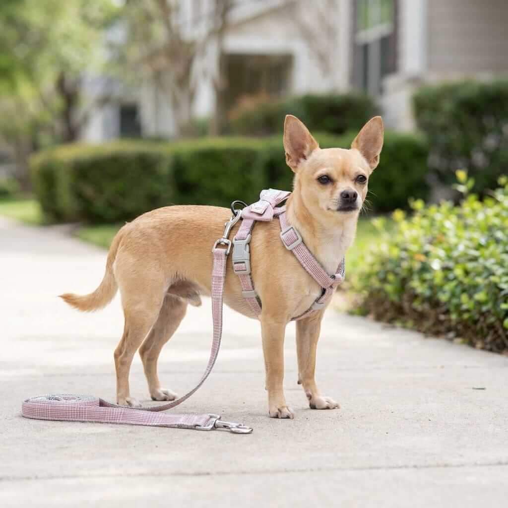 Chihuahua wearing a Plaid Bowknot Dog Harness, showcasing its durable construction and step-in design. Perfect for Dogs & Cats.