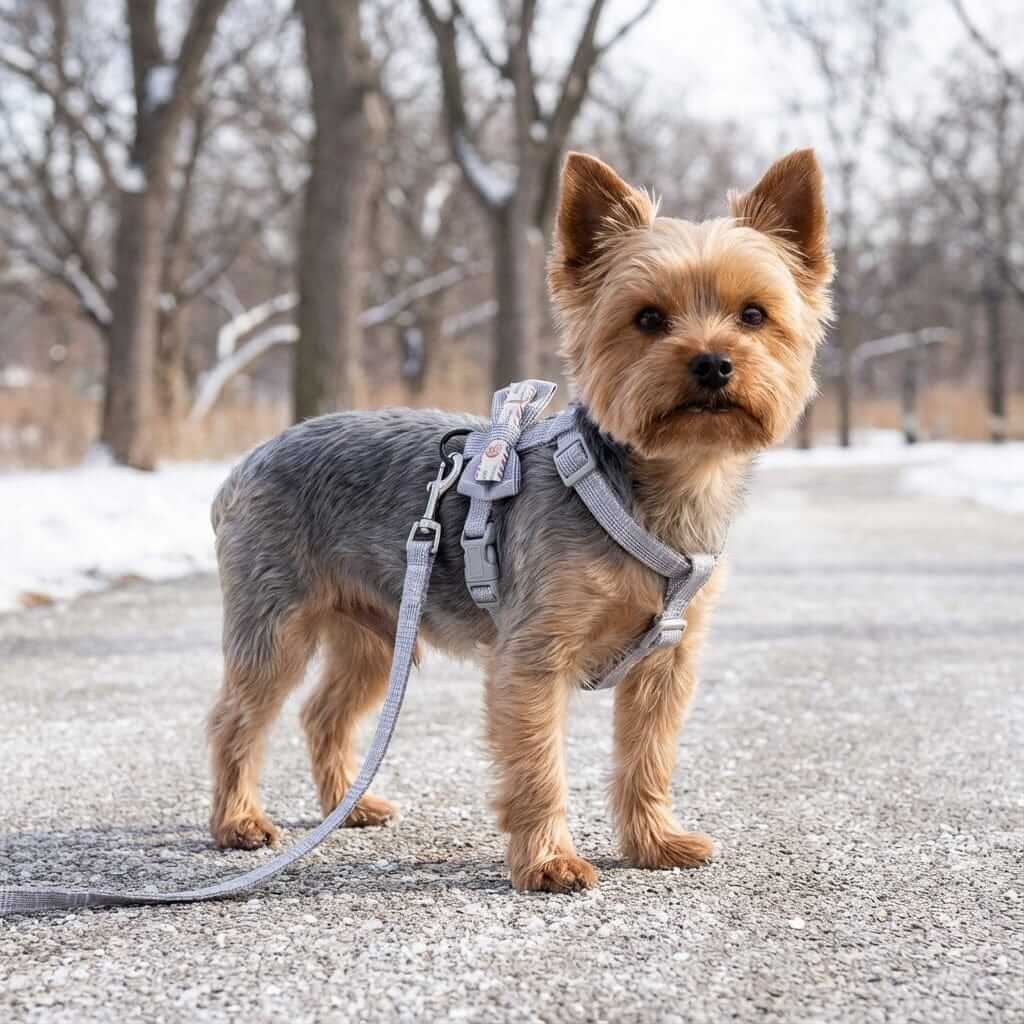Plaid Bowknot Dog Harness on a small dog, featuring step-in design and durable construction, perfect for dogs and cats.
