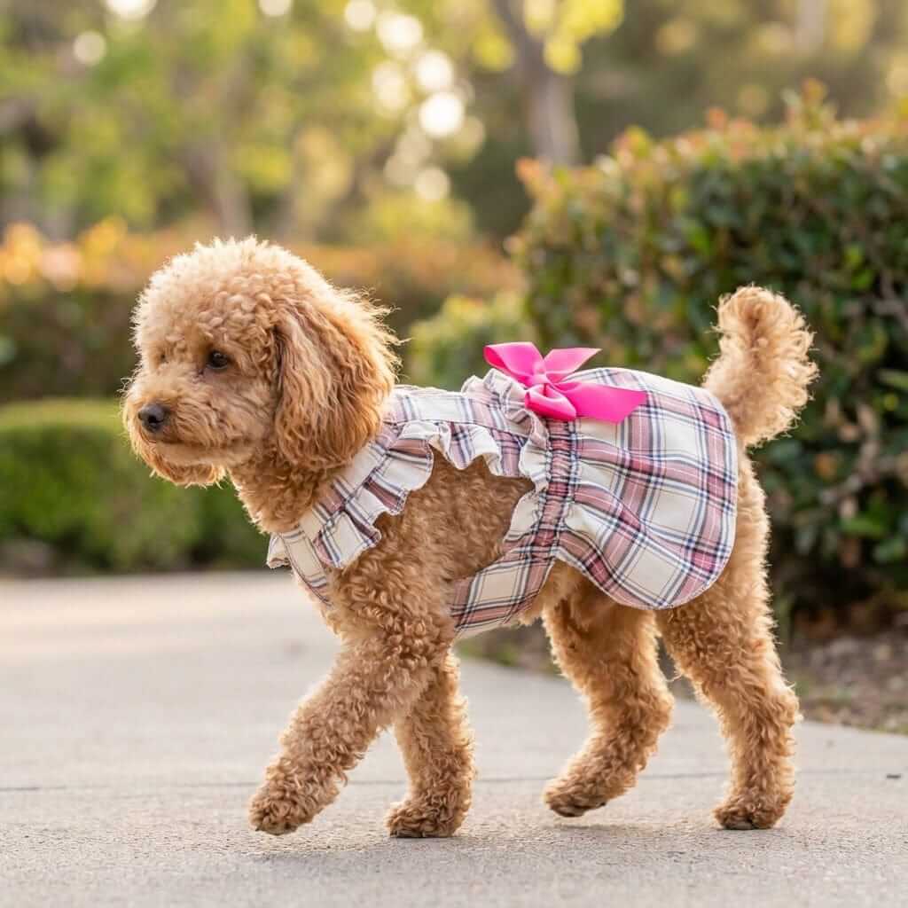 Plaid Bowknot Dog Princess Dress for Dogs & Cats, breathable lightweight pet dress with cute bow back.