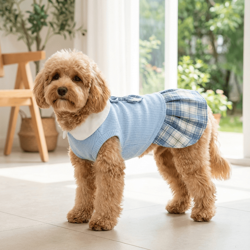 Plaid Chic Pet Skirt on a stylish dog, showcasing elegant plaid design, perfect for dogs and cats.