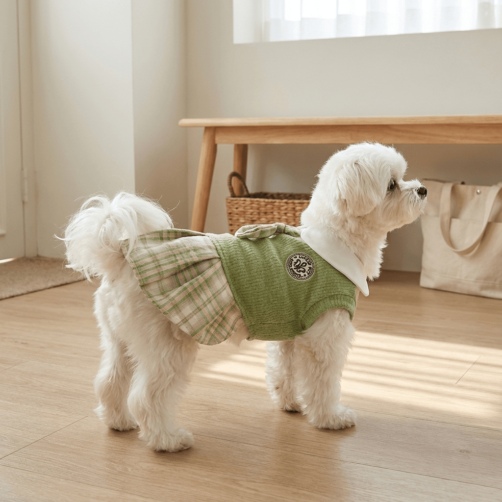 Plaid Chic Pet Skirt on a stylish dog, featuring plaid fabric and a classic design, perfect for dogs and cats.