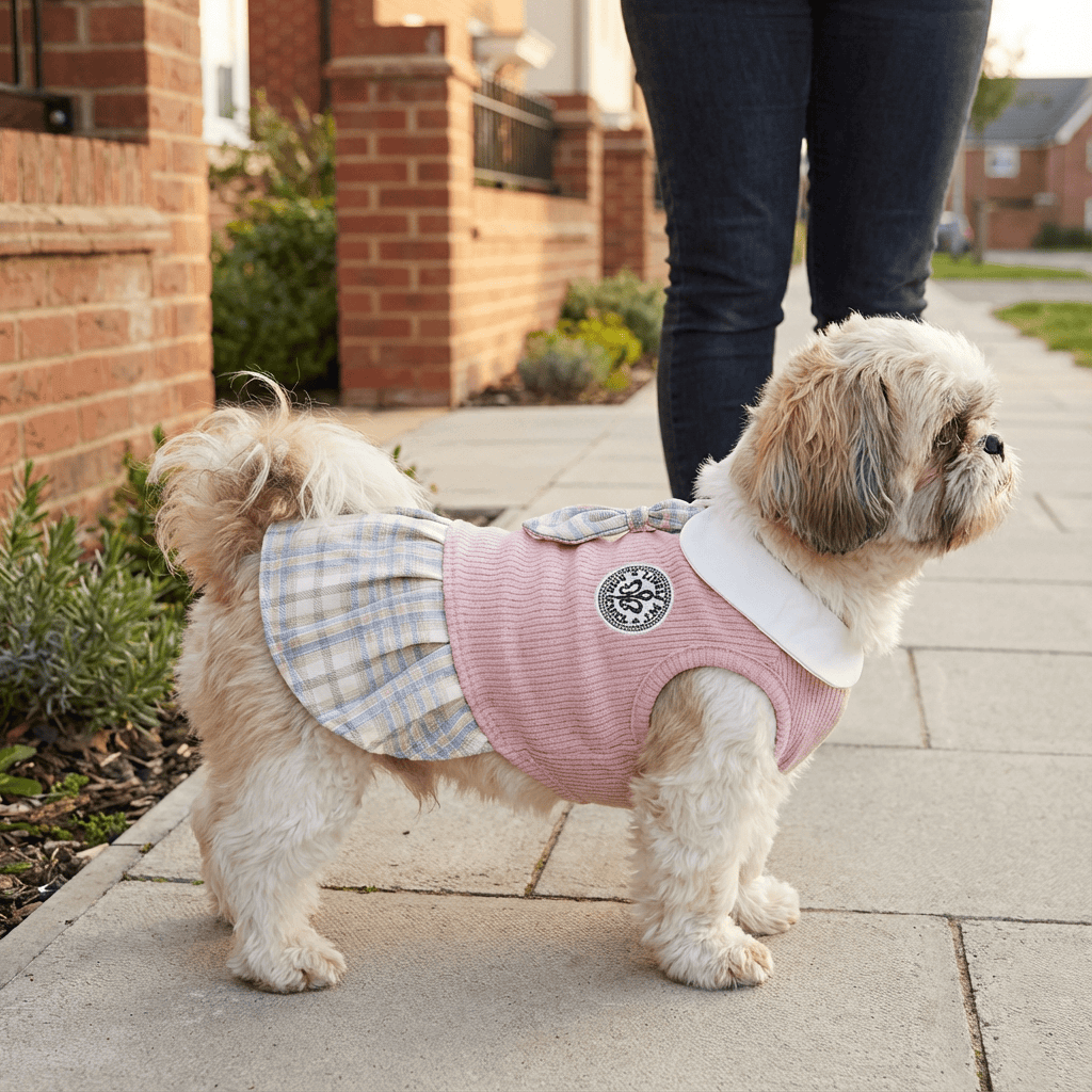 Plaid Chic Pet Skirt on a dog, stylish plaid design, perfect for Dogs & Cats fashion.
