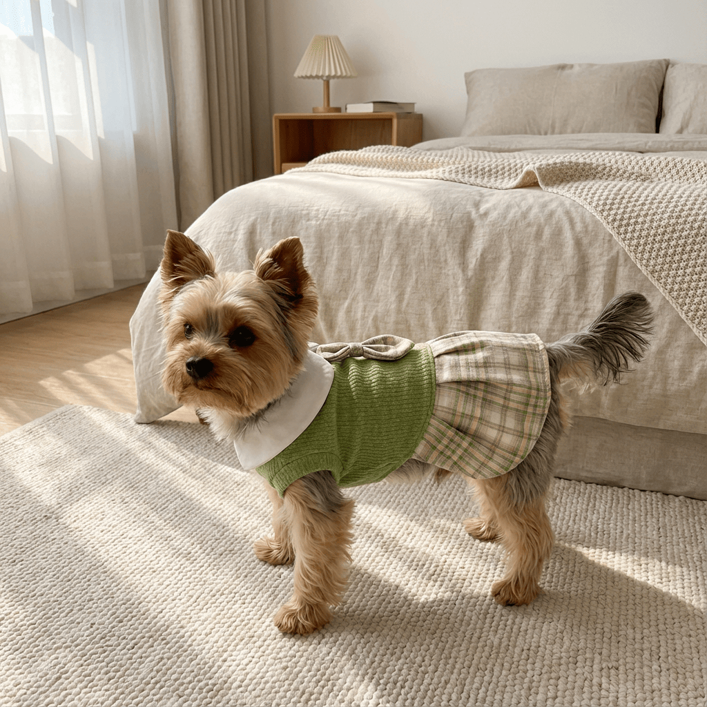Plaid Chic Pet Skirt on a stylish dog in a cozy room, featuring chic plaid design for dogs and cats.