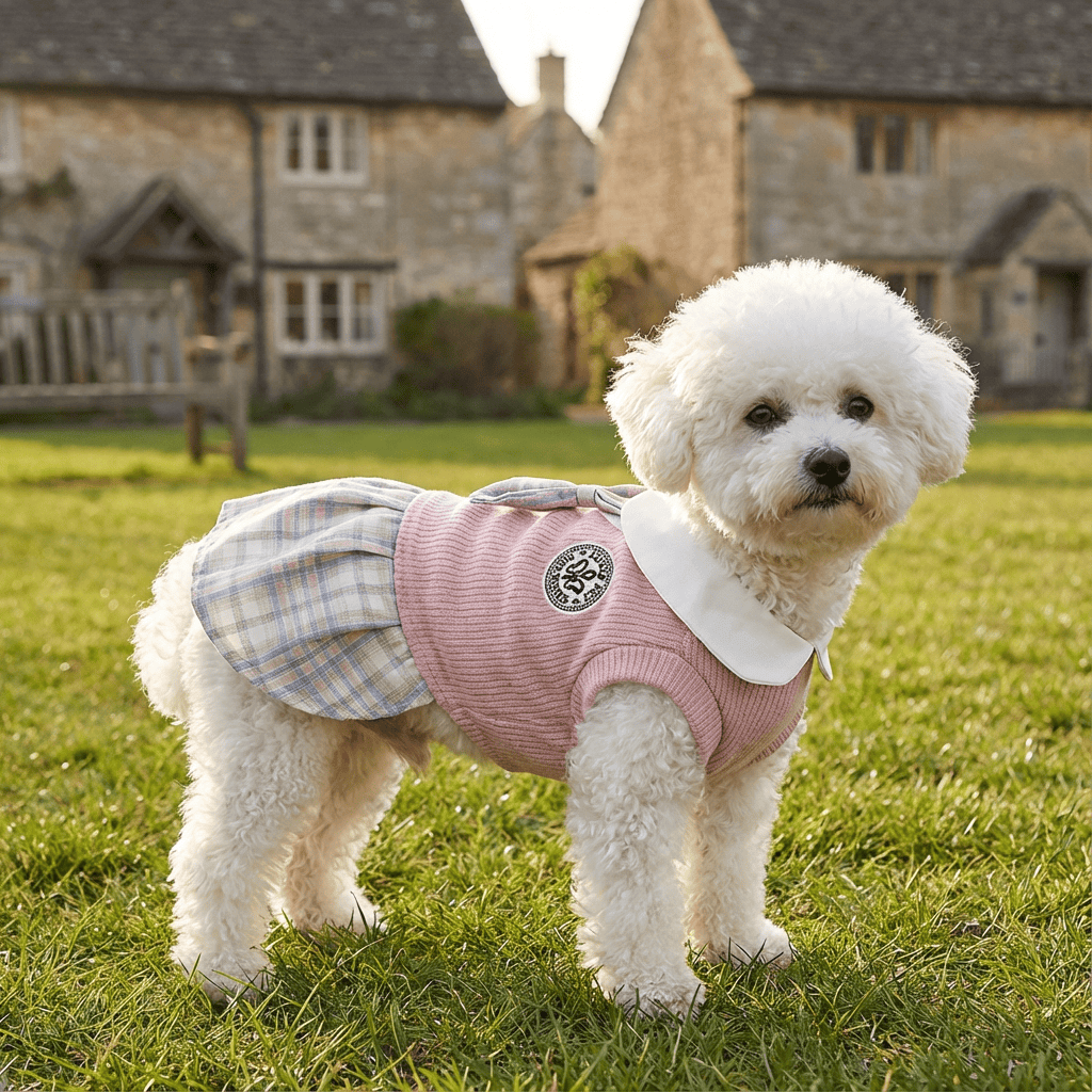 Plaid Chic Pet Skirt on a fluffy white dog, stylish plaid design, ideal for Dogs & Cats fashion.
