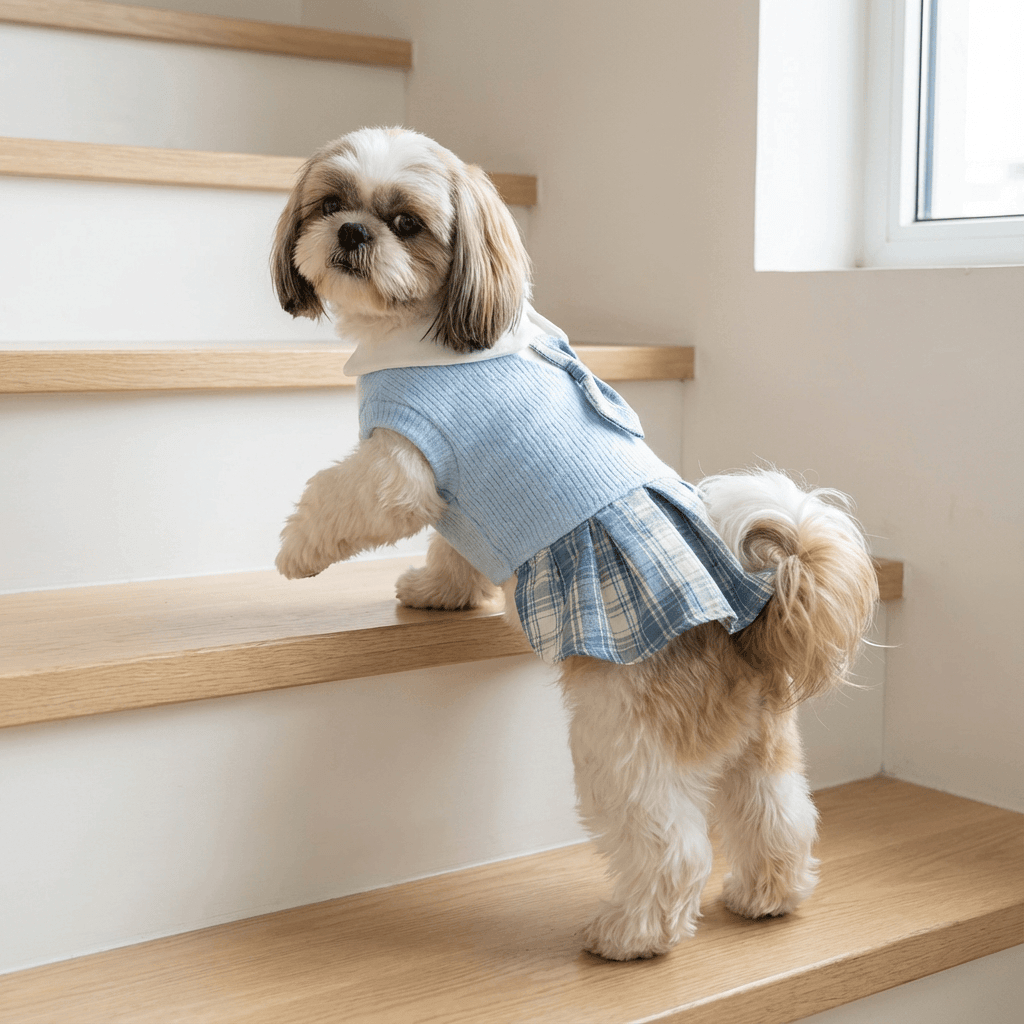 Plaid Chic Pet Skirt on adorable dog, stylish plaid design for dogs & cats, perfect for special occasions.
