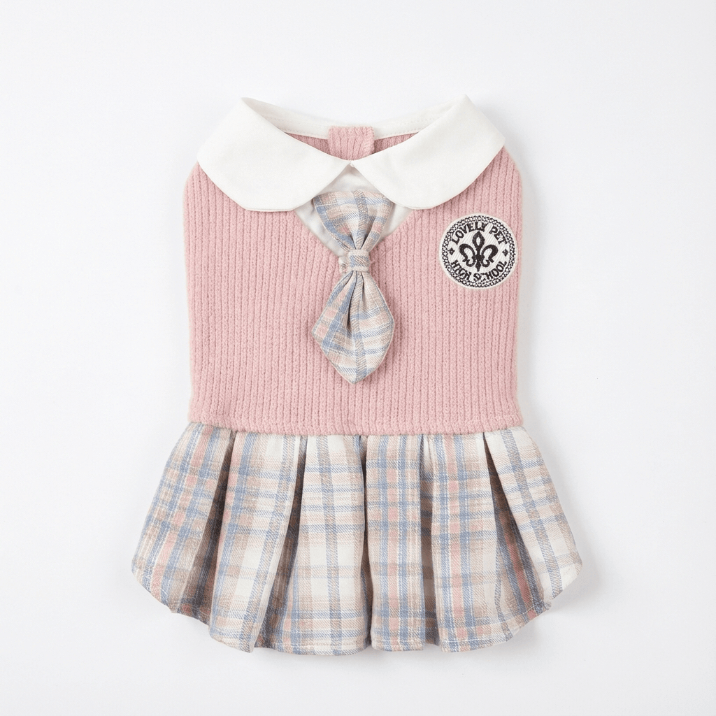 Plaid Chic Pet Skirt for Dogs & Cats, stylish plaid design with collar and tie, perfect for all occasions.