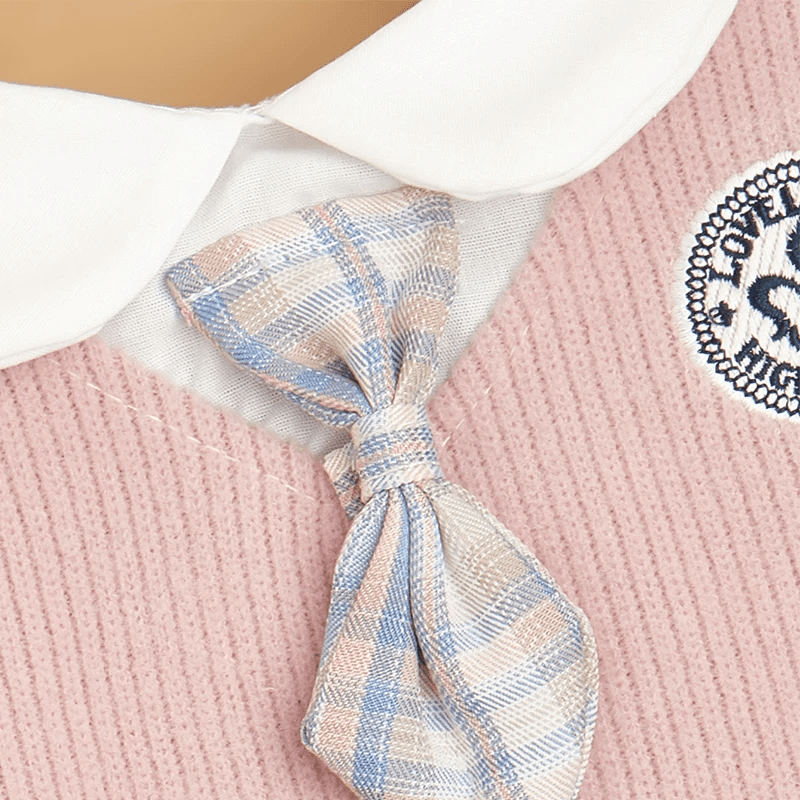 Close-up of the plaid bow tie and pink collar on the stylish Plaid Chic Pet Skirt for dogs and cats.