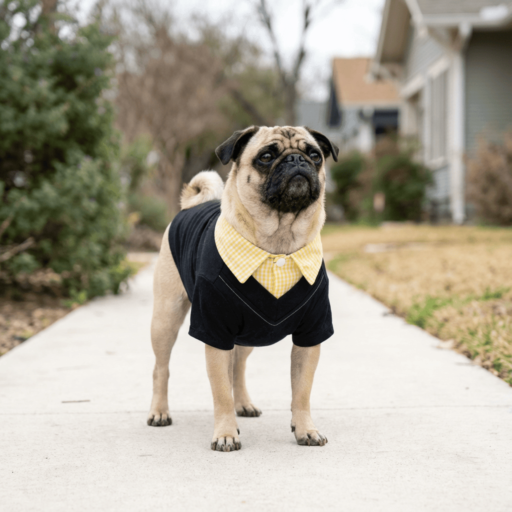 Plaid Collar Dog Shirt on cute pug outdoors, showcasing stylish plaid collar and classic design for Dogs & Cats.