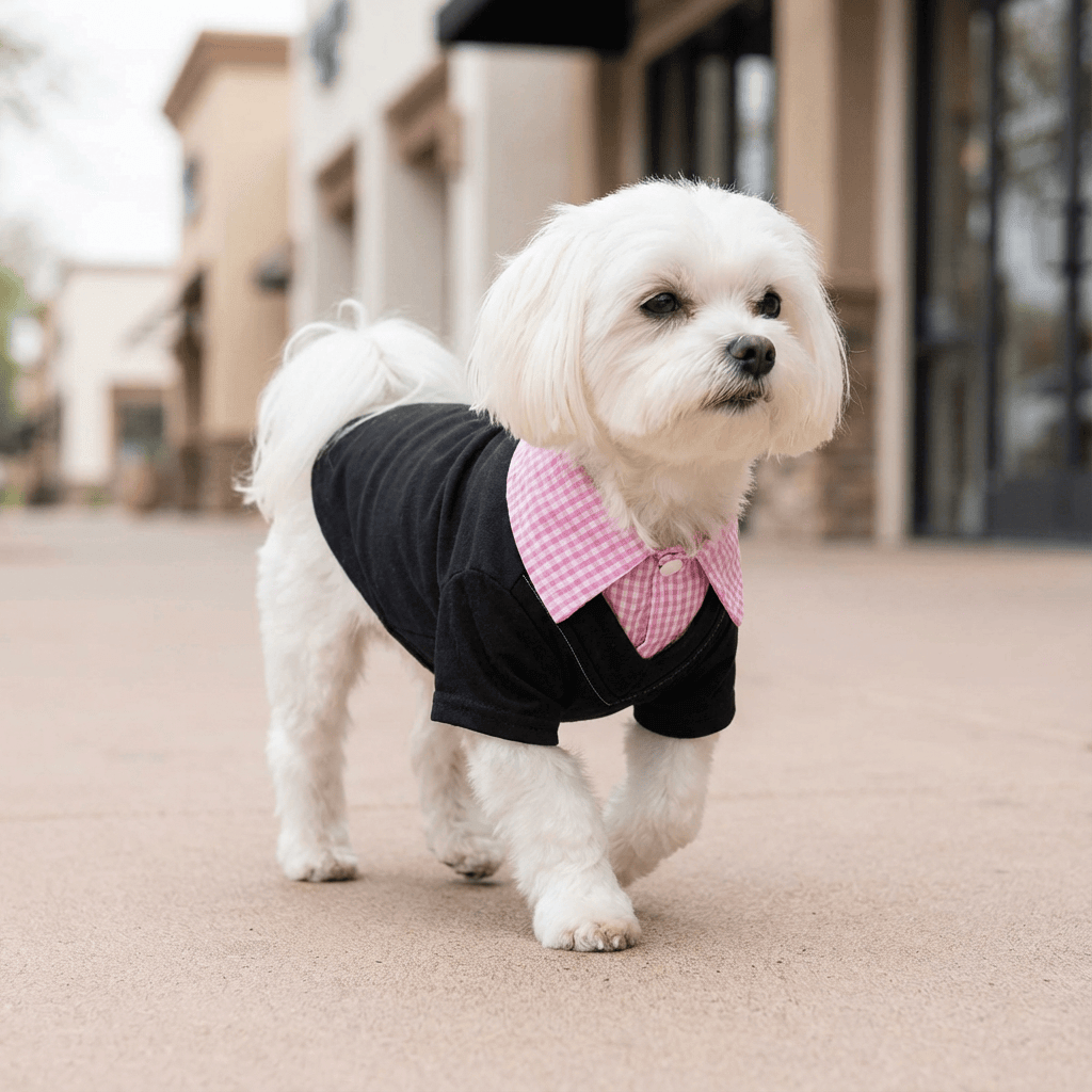 Plaid Collar Dog Shirt on a Maltese walking outdoors, featuring buttons and a stylish plaid collar - Dogs & Cats.