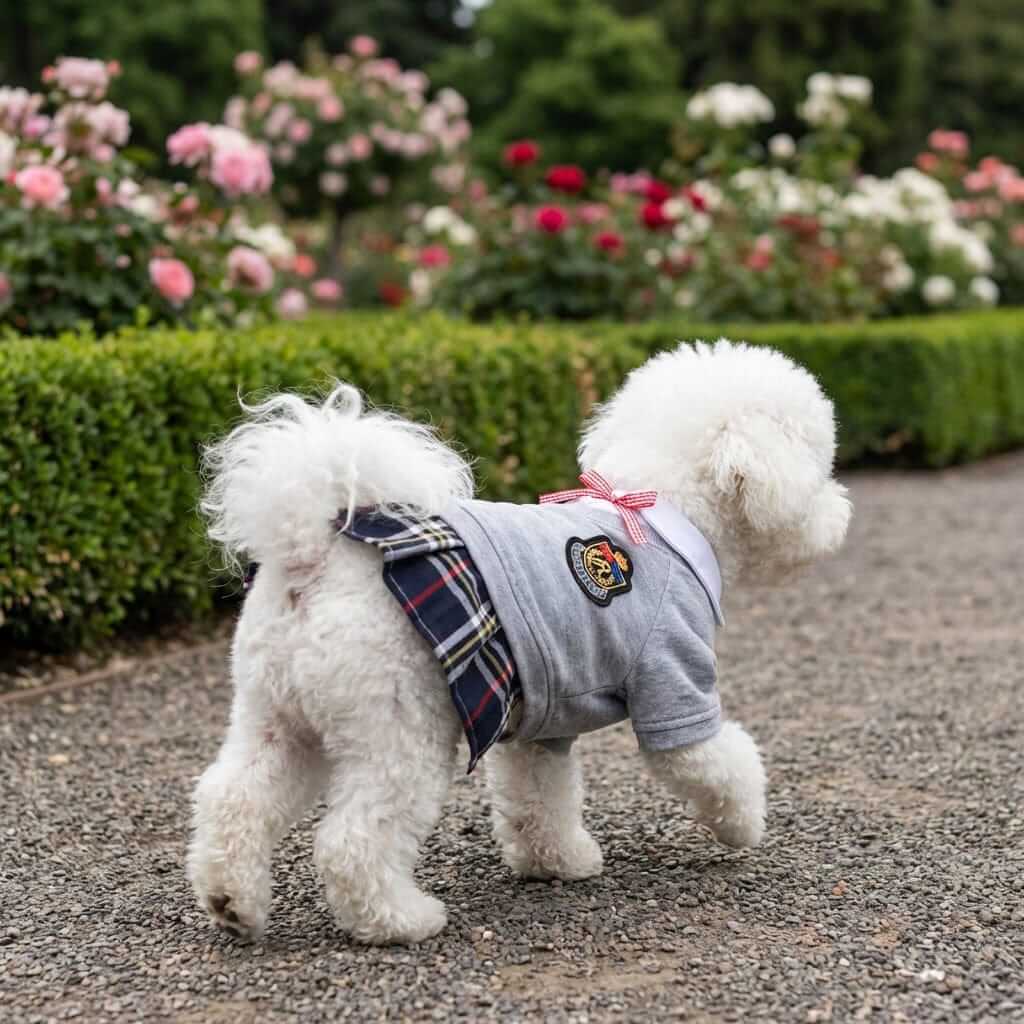 Plaid Dog Skirt Dress on a cute dog in a garden, showcasing its stylish design and comfort for spring outings.