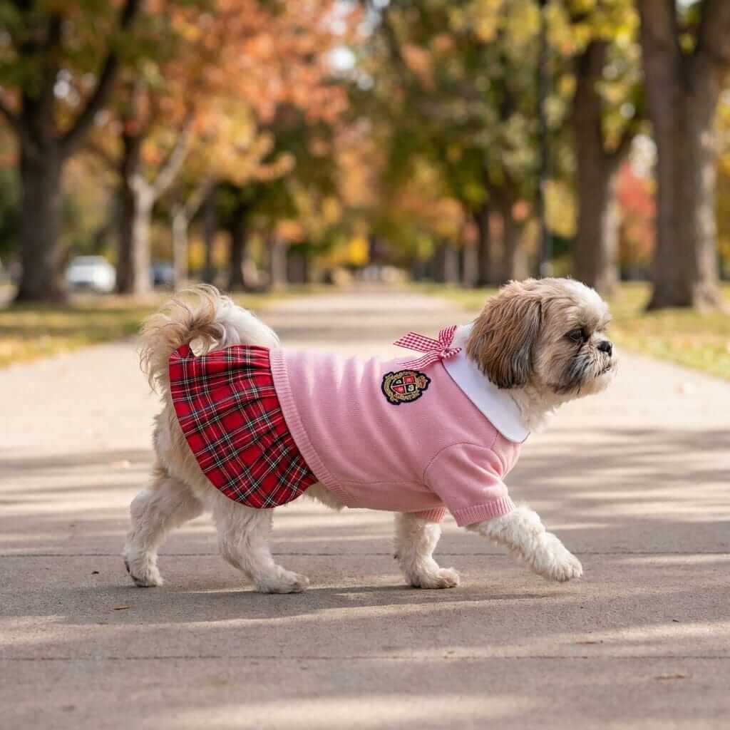 Plaid Dog Skirt Dress on dog walking in park, featuring stylish design, slip-on fit, perfect for spring by Dogs & Cats.