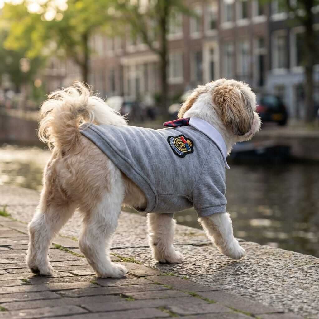 Plaid Dog Skirt Dress on a stylish dog near a canal, perfect for spring and summer fun, by Dogs & Cats.