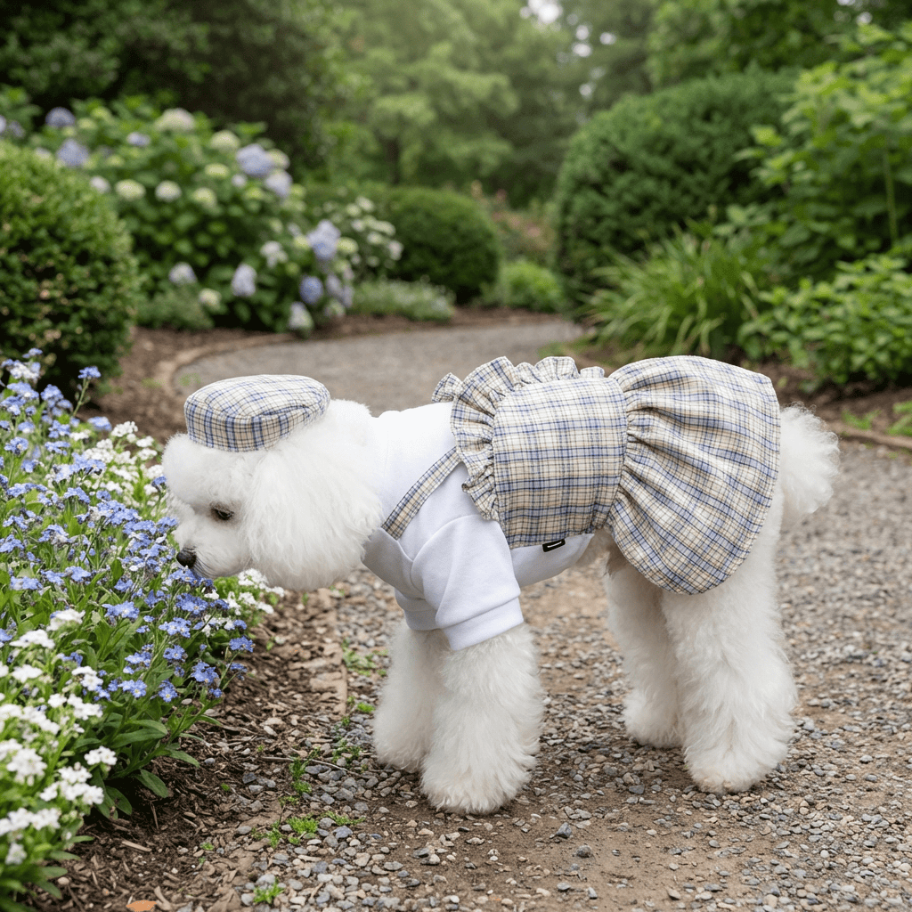 Plaid Dog Uniform Dress on a fluffy dog, featuring breathable cotton, lightweight feel, and fun ruffle design by Dogs & Cats.