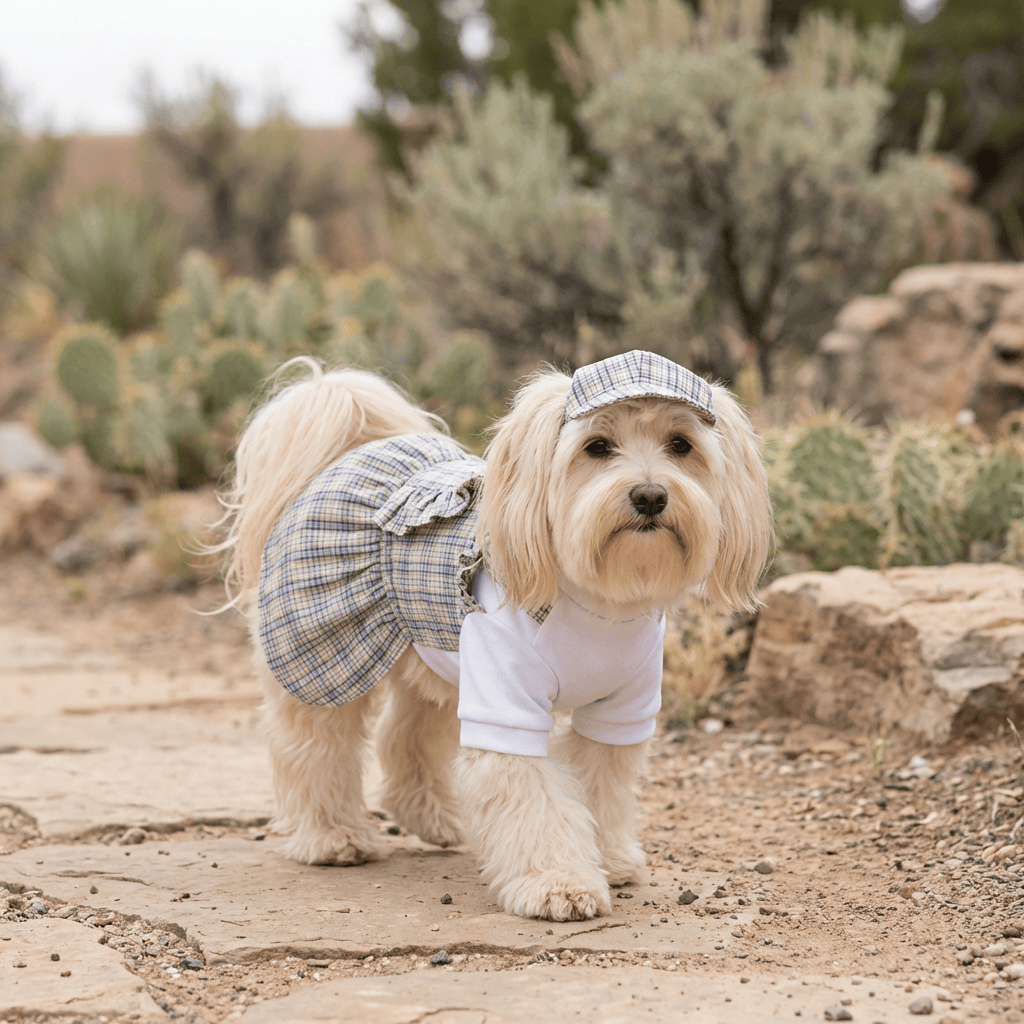 Plaid Dog Uniform Dress for Dogs & Cats brand, features breathable cotton and a flared skirt for comfort.