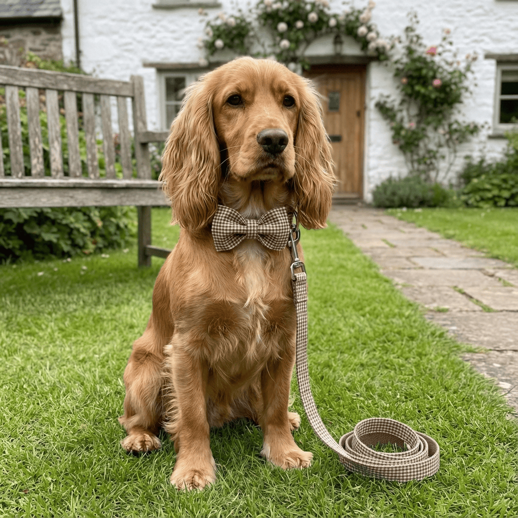 Plaid Elegance Dog Collar & Leash Set on a stylish dog with bowtie, perfect for walks in any season.