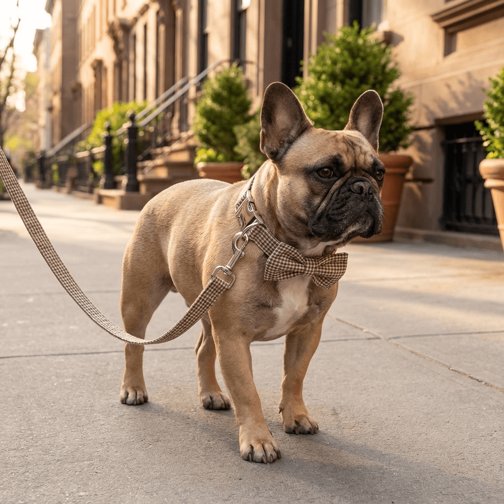 Plaid Elegance Dog Collar & Leash Set on a French Bulldog, stylish and functional for every walk.