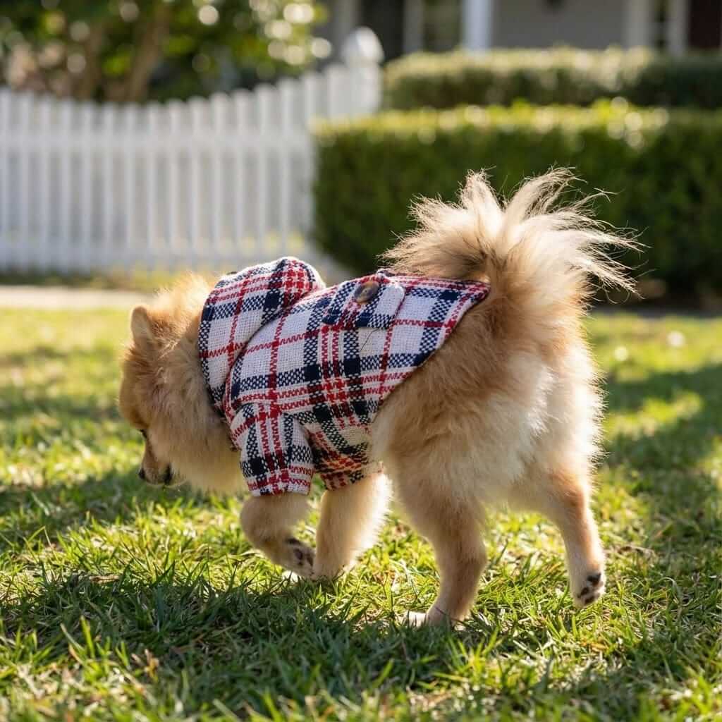 Plaid Hooded Dog Coat on a small dog outdoors, showcasing stylish comfort and elegant plaid design by Dogs & Cats.