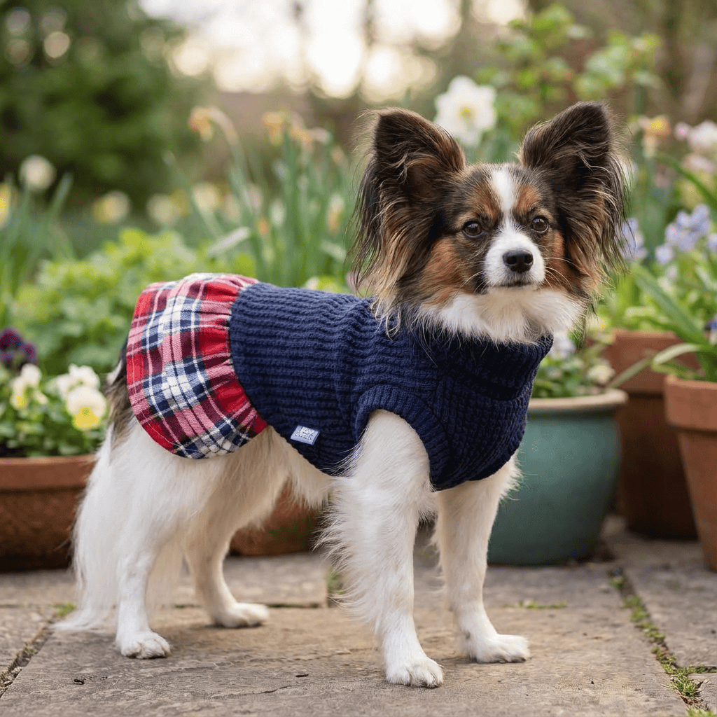 Plaid Skirt Princess Dog Dress on a dog, featuring breathable fabric and plaid detailing by Dogs & Cats.