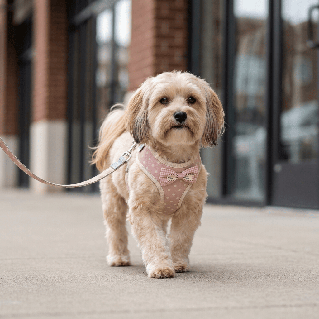 Plaid Soft Mesh Dog Harness on a small dog walking outside, featuring soft padding for comfort.