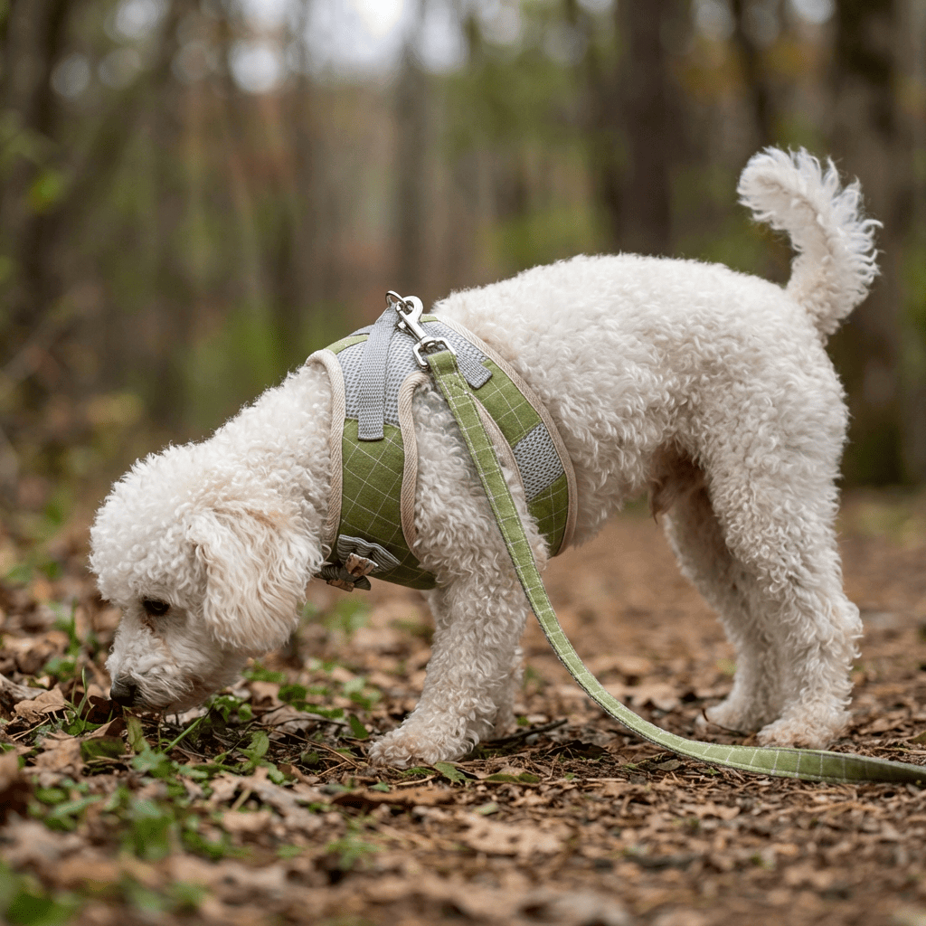 Plaid Soft Mesh Dog Harness on a white dog sniffing leaves in a forest, featuring soft padding and breathable mesh for comfort.