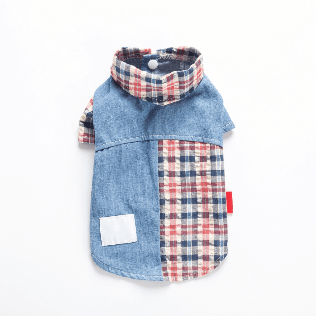 Plaid Stitching Bichon Poodle Shirt for Dogs & Cats, featuring plaid stitching, step-in design, and fuzzy fasteners.