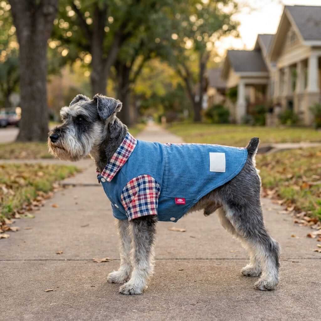 Dog wearing Plaid Stitching Bichon Poodle Shirt, casual chic outfit featuring plaid stitching and fuzzy fasteners.
