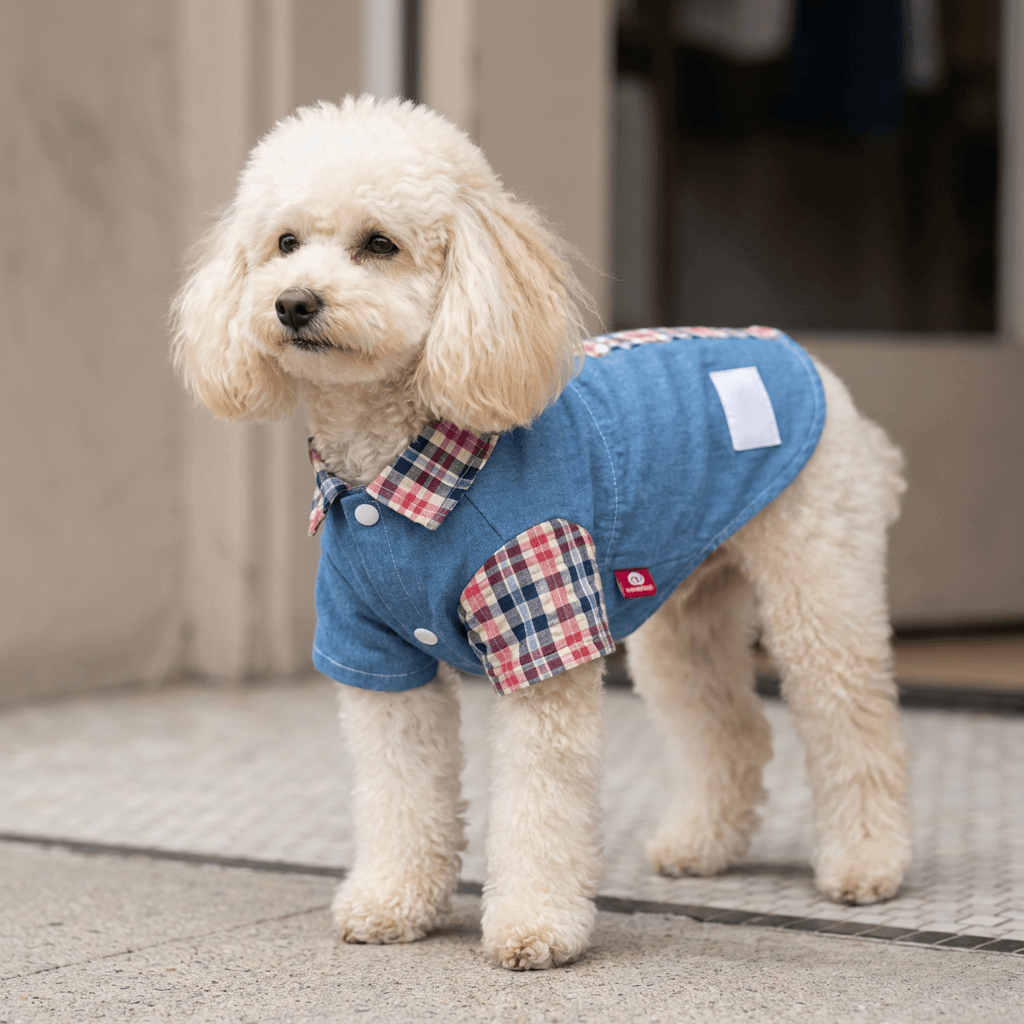 Plaid Stitching Bichon Poodle Shirt on a fluffy dog, featuring plaid stitching and easy step-in design by Dogs & Cats.