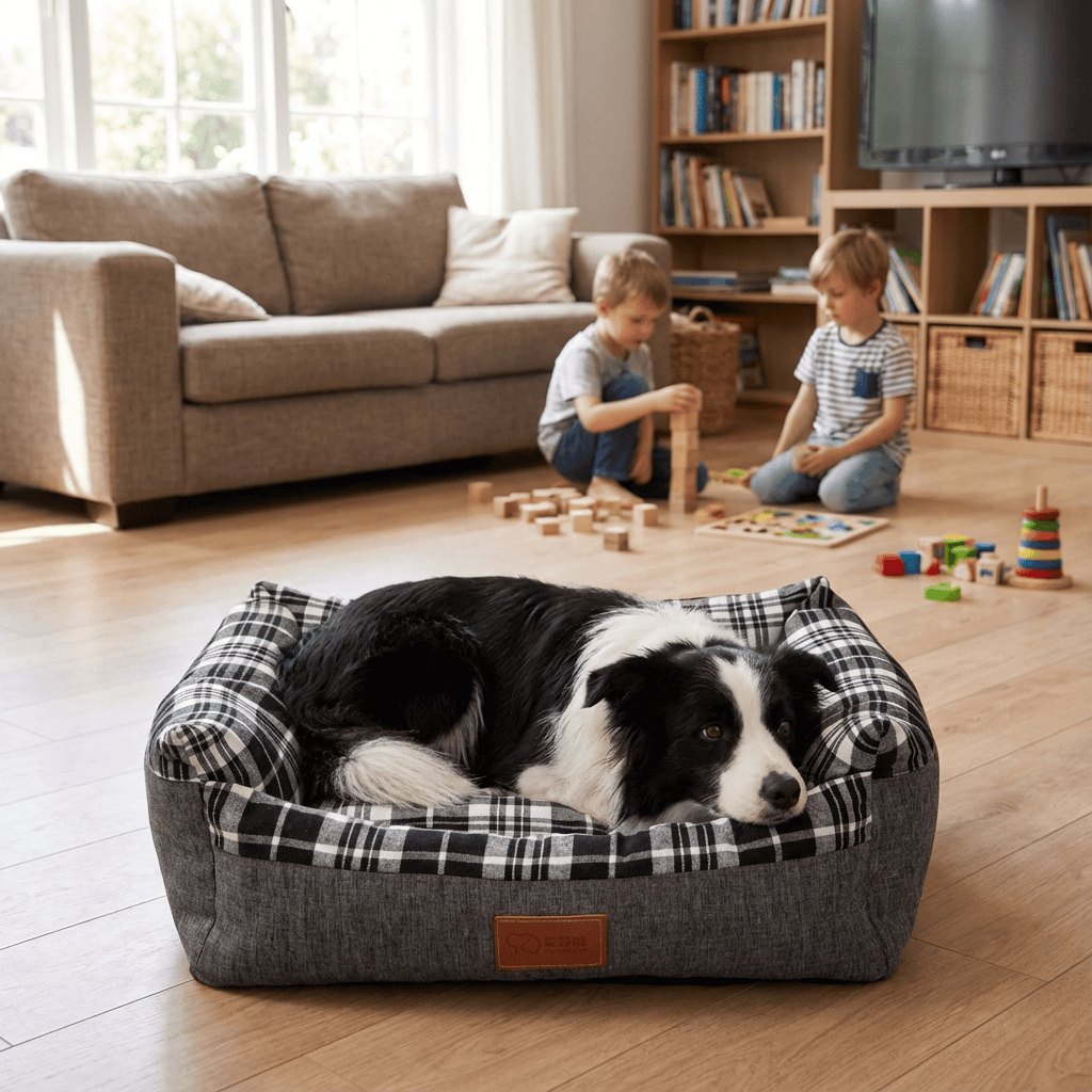PlaidPaws Pet Bed Lounger with a dog resting comfortably, featuring cozy design and retro plaid pattern, suitable for dogs and cats.