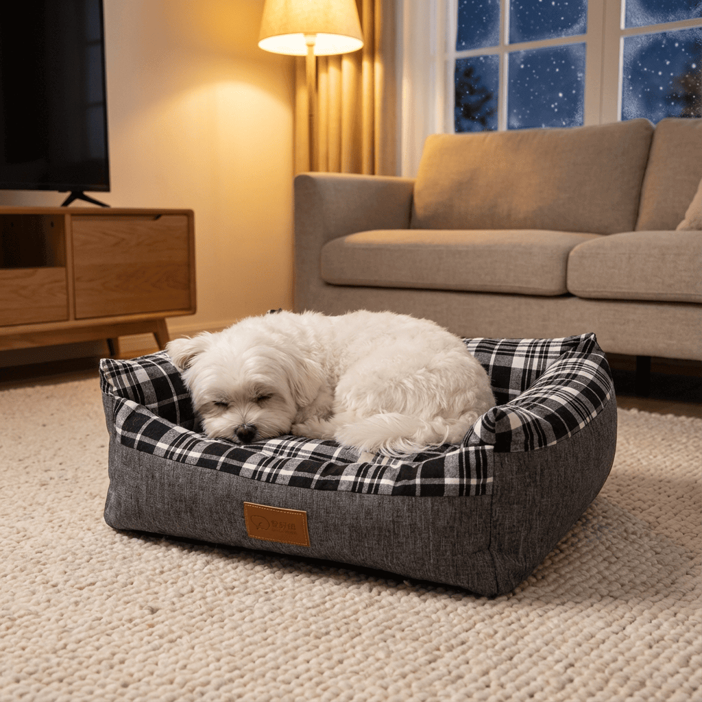 PlaidPaws Pet Bed Lounger with soft, breathable materials for dogs and cats in a cozy living room.