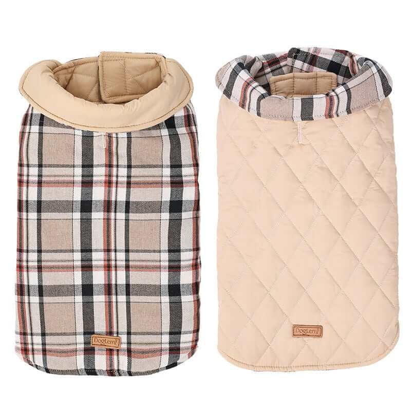 PlaidShield Waterproof Dog Jacket featuring classic plaid pattern and padded interior for warmth and comfort for dogs.