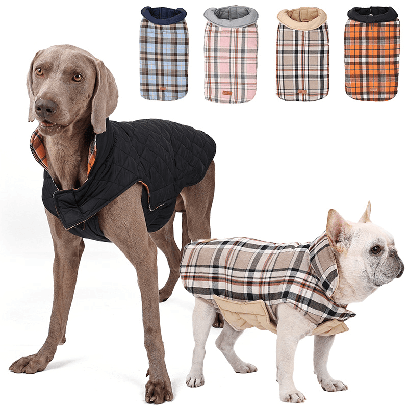 PlaidShield Waterproof Dog Jacket with plaid design for medium to large dogs, featuring insulation and style by Dogs & Cats.
