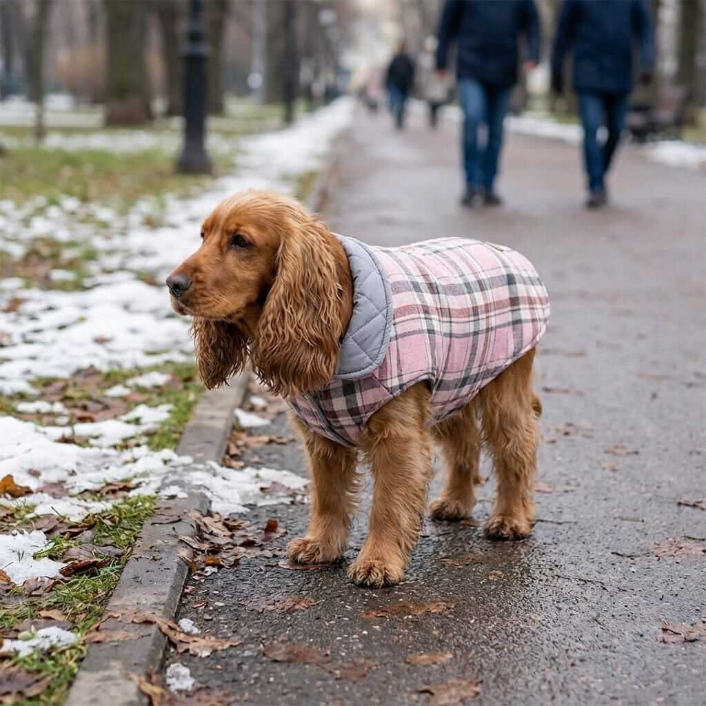 PlaidShield Waterproof Dog Jacket on a dog, featuring a classic plaid design for warmth and style in winter.