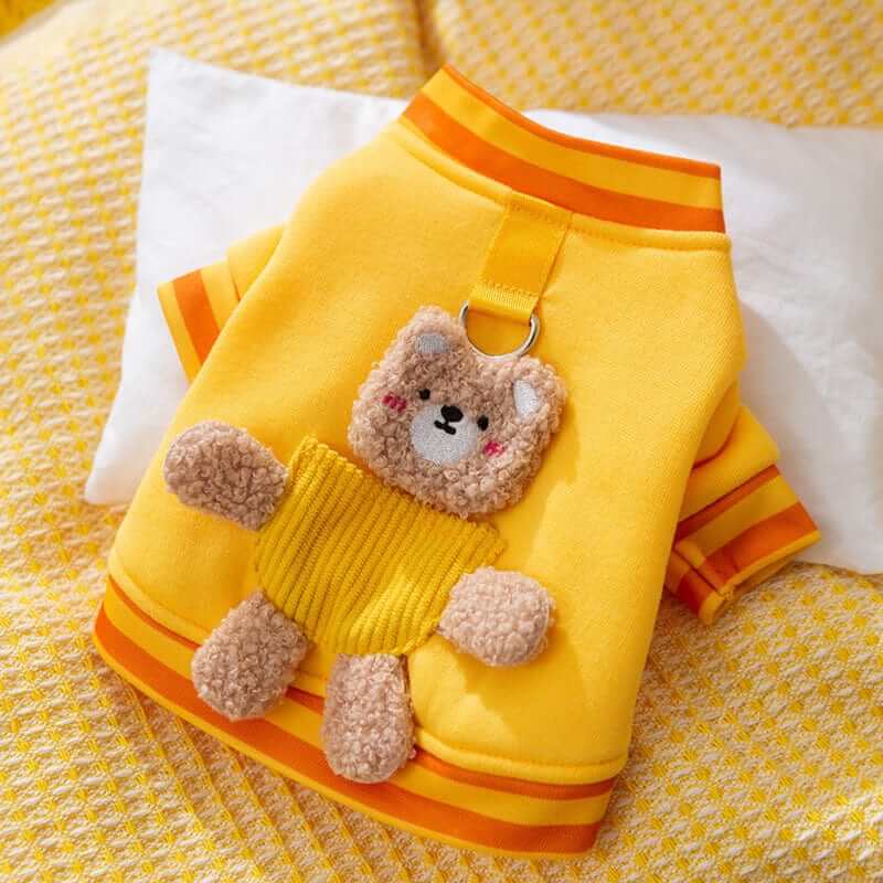 Plush Bear Pet Jacket, cute dog coat with plush bear design, warm outfit for small dogs and cats.
