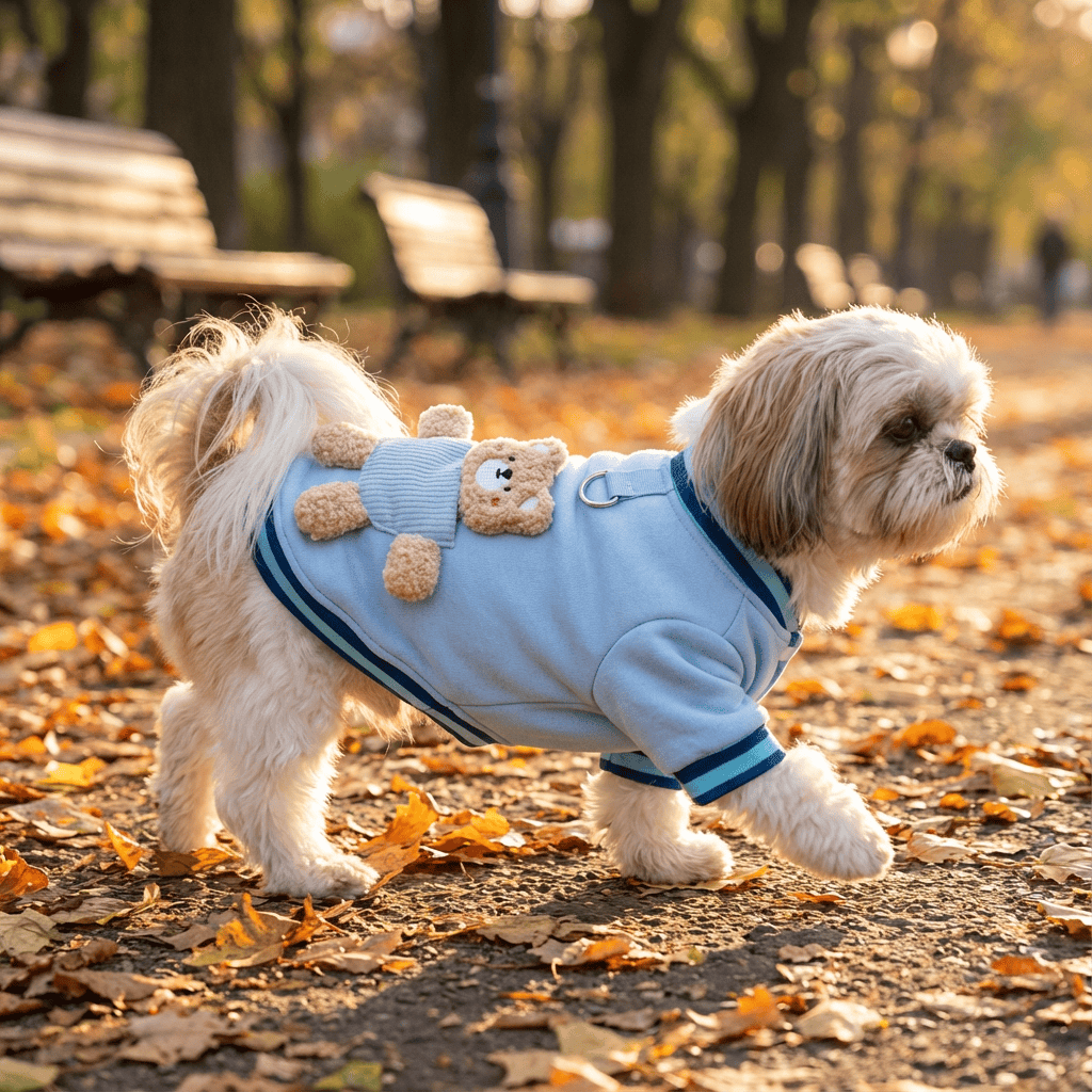 Plush Bear Pet Jacket on small dog walking in park, warm and cozy design for dogs and cats.