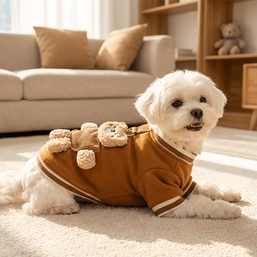 Plush Bear Pet Jacket for dogs, warm and adorable coat featuring bear design, ideal for small breeds like Chihuahuas.