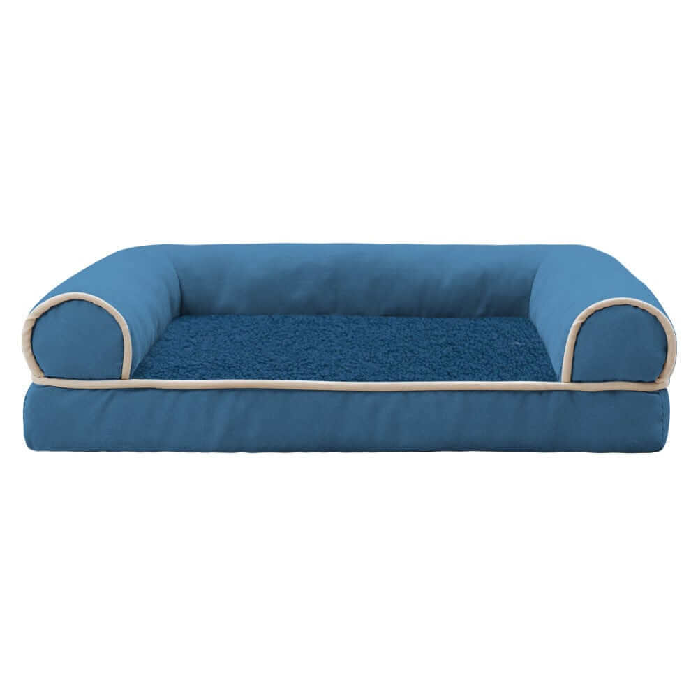Plush Orthopedic Pet Bed Lounge in blue with memory foam support, perfect for dogs and cats comfort.
