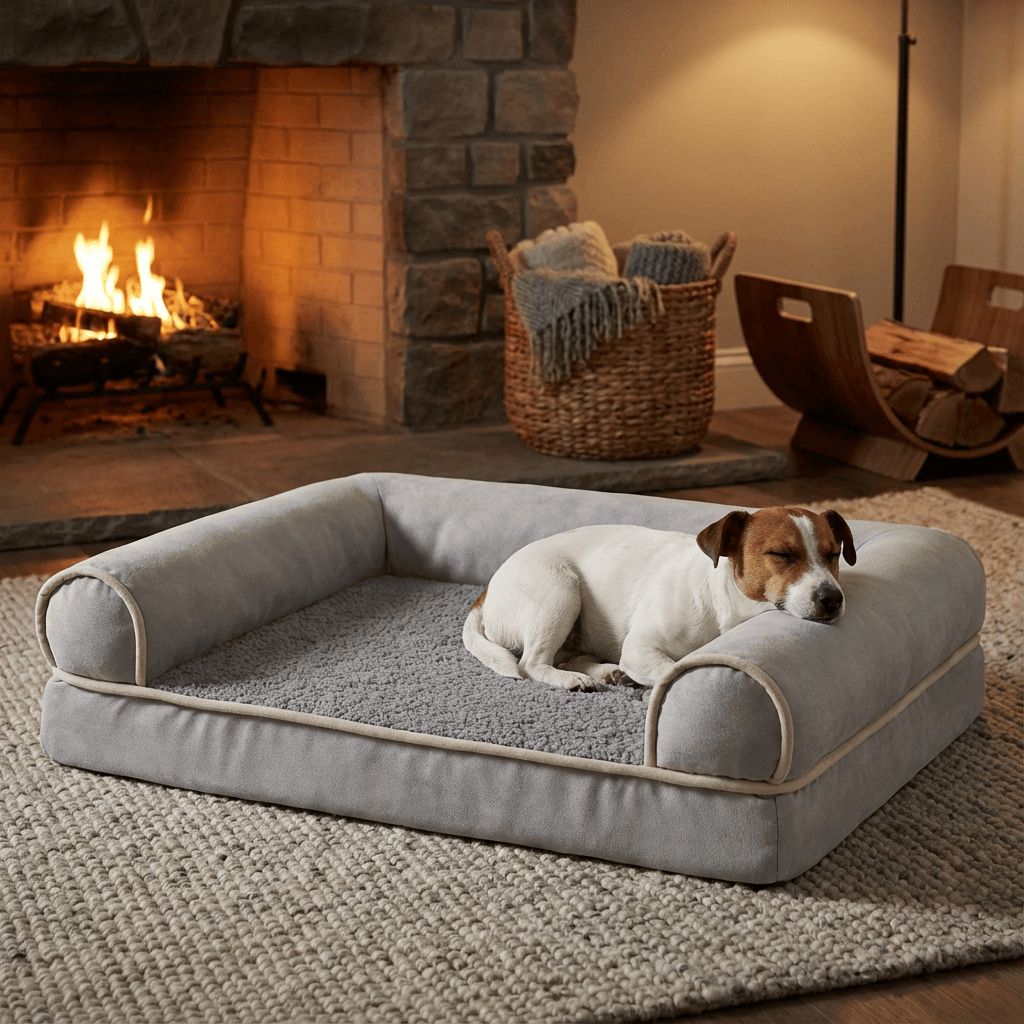 Plush Orthopedic Pet Bed Lounge with memory foam, non-slip bottom, for dogs and cats, providing ultimate comfort.