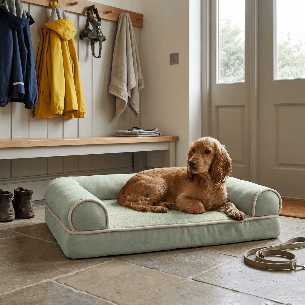 Plush Orthopedic Pet Bed Lounge featuring a stylish design, memory foam comfort, and a dog relaxing in a cozy entryway.