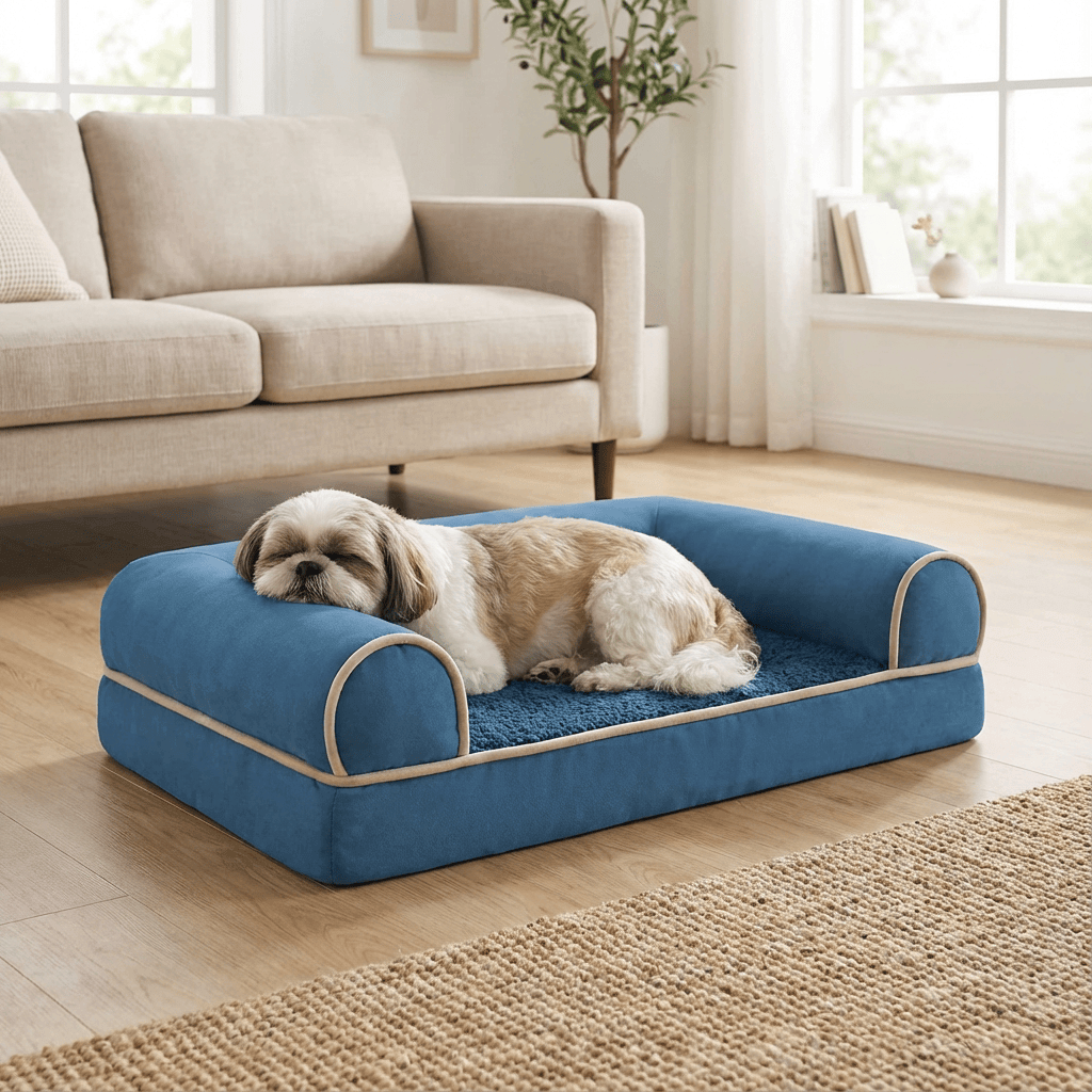 Plush Orthopedic Pet Bed Lounge with memory foam, non-slip bottom, and stylish design for dogs and cats.