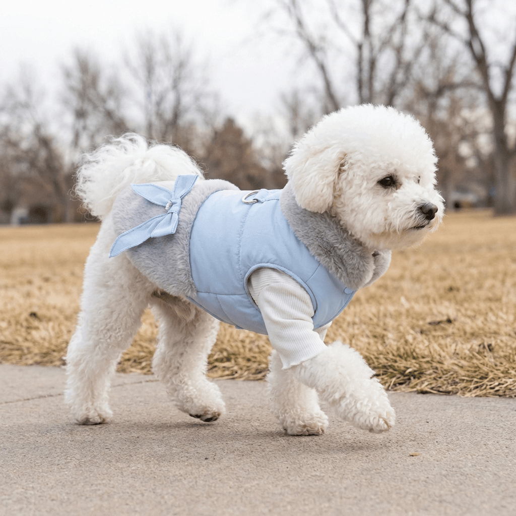 Plushy Autumn And Winter Dog Sweater on a fluffy dog, featuring breathable round neckline, short sleeves, and soft cotton polyester blend.