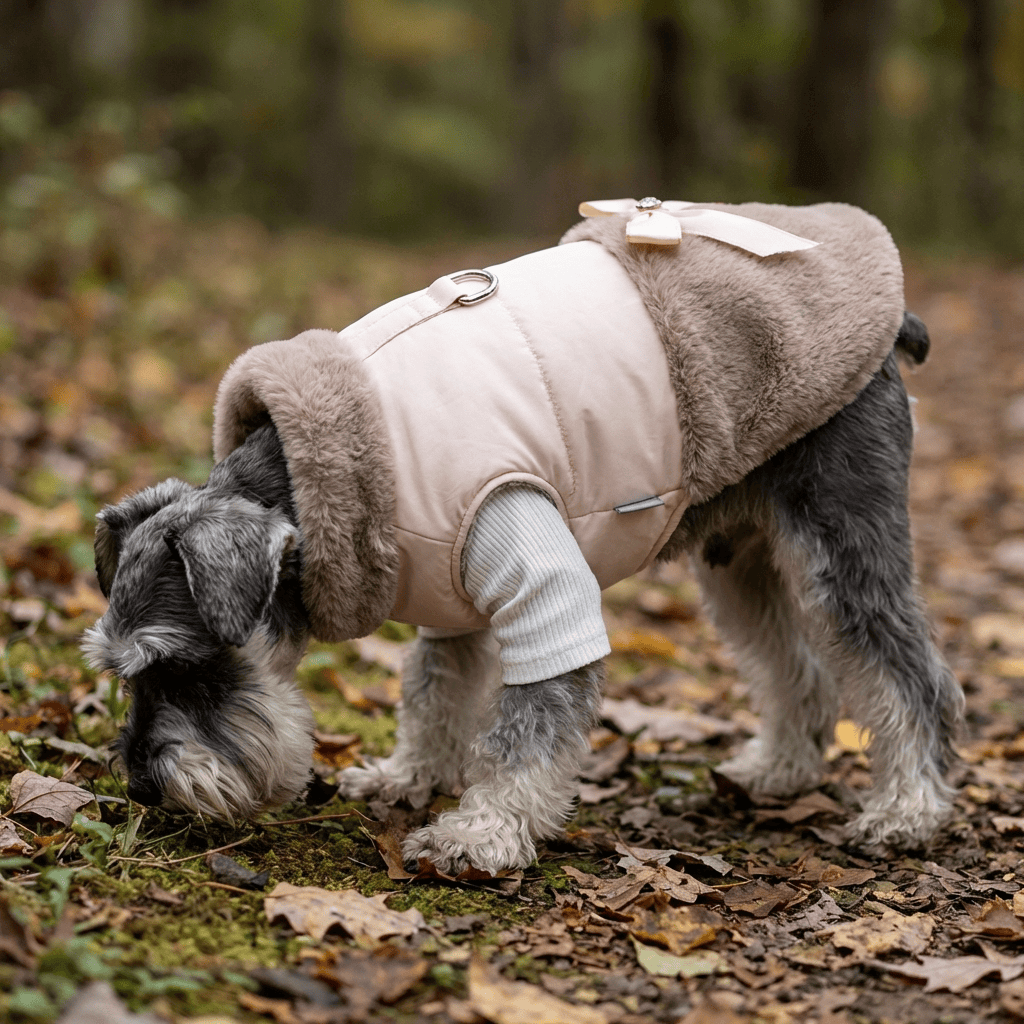 Plushy Autumn And Winter Dog Sweater on a Schnauzer, featuring soft material, short sleeves, and round neckline.
