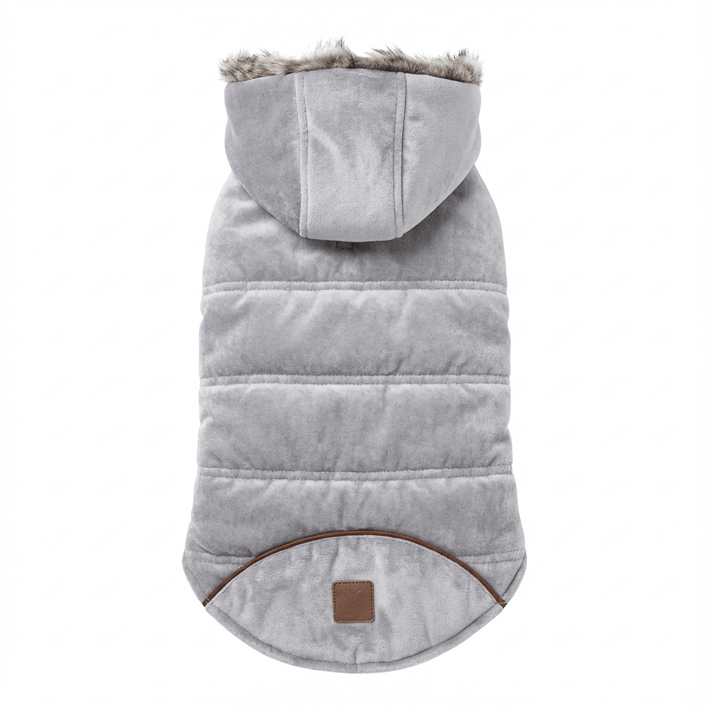 Plushy Velvet Padded Dog Coat in gray, featuring a cozy fleece lining and hood for fall fashion trends. Designed for Dogs & Cats.