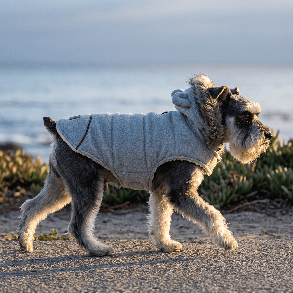 Dog wearing a Plushy Velvet Padded Dog Coat with cozy fleece lining, perfect for trendy fall outings by Dogs & Cats.