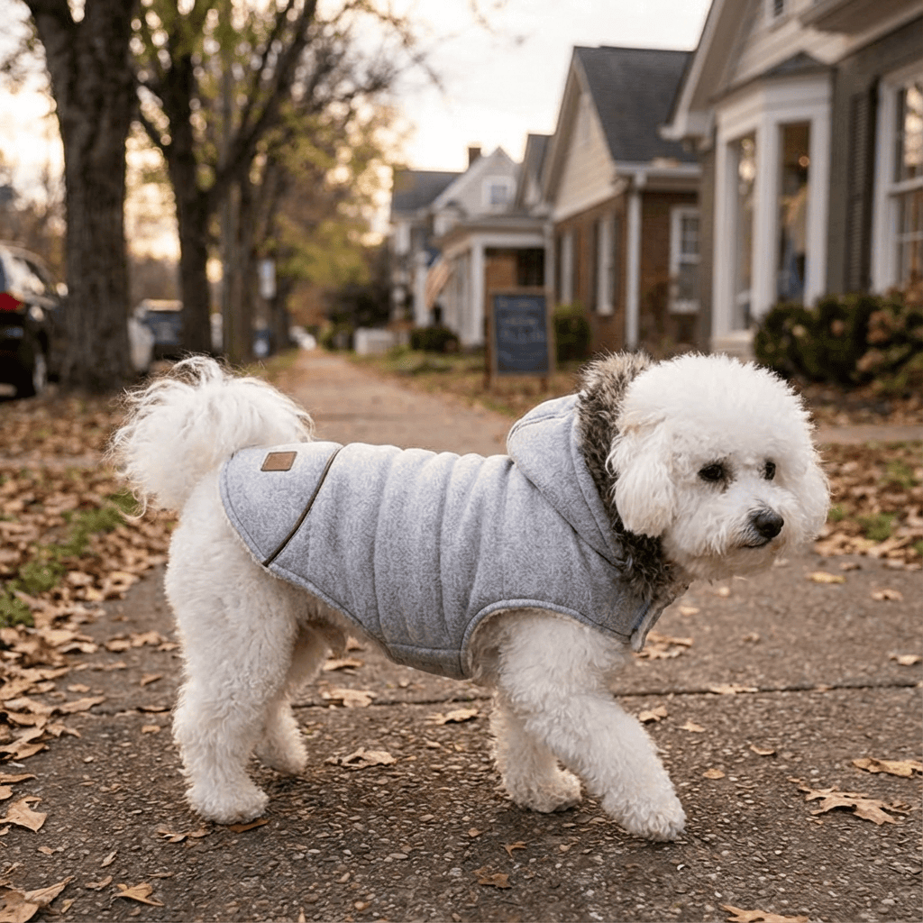 Plushy Velvet Padded Dog Coat on a fluffy dog, featuring cozy fleece lining, perfect for fall by Dogs & Cats.